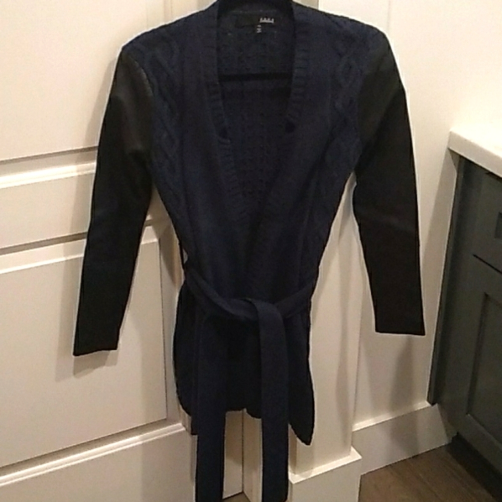 Anna Catherine Belted Cardigan Leather sleeves Lambs wool Angora Cashmere blend